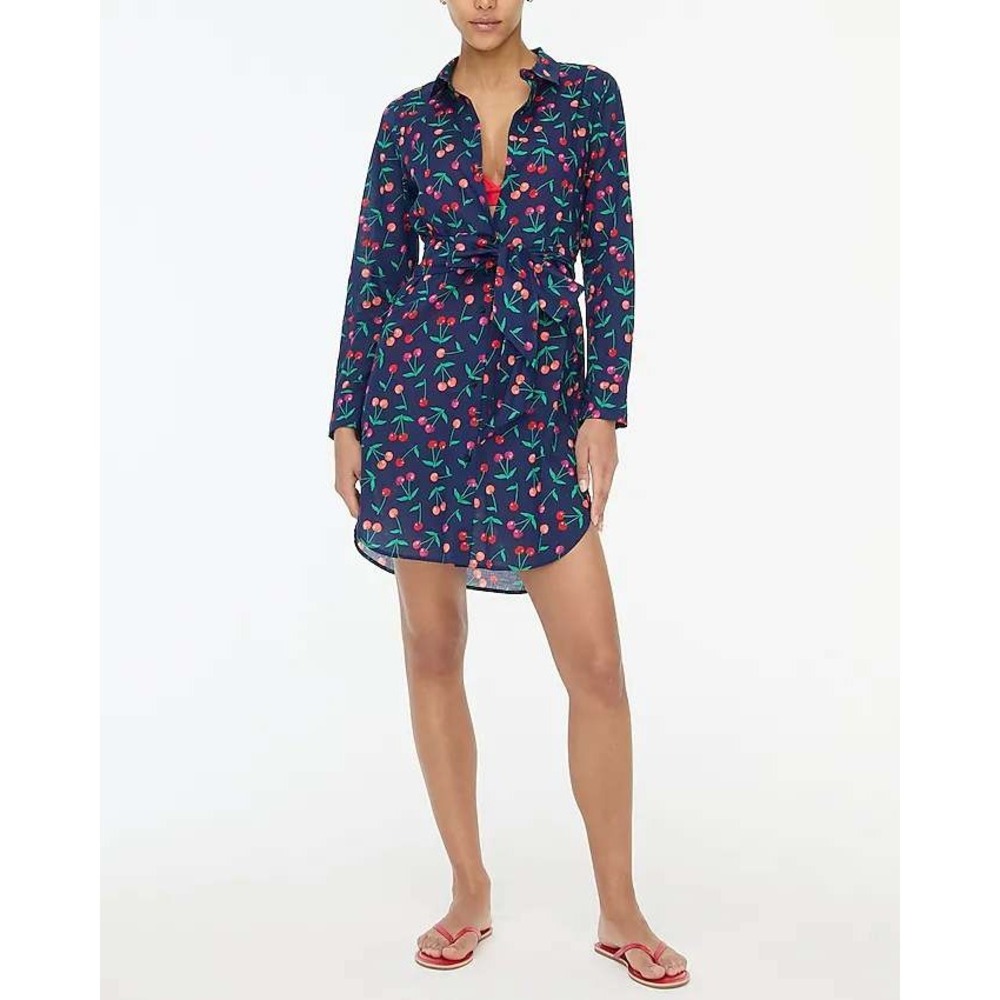 J.Crew Women's Large Navy Blue Cherry‎ Print Long Sleeve Shirt Dress NWT No Belt